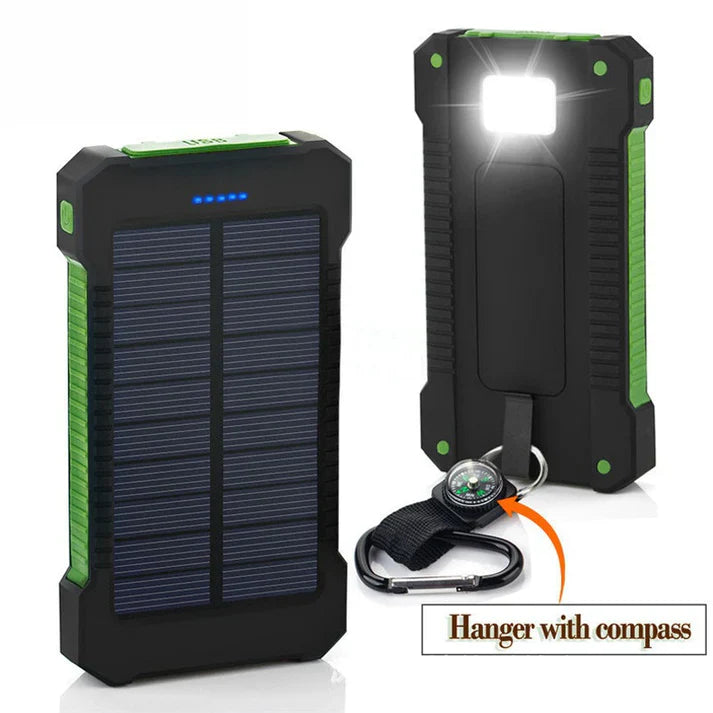 Ultra-Thin Outdoor Waterproof Solar Power Bank - 2 Led Light Flashlight with Compass