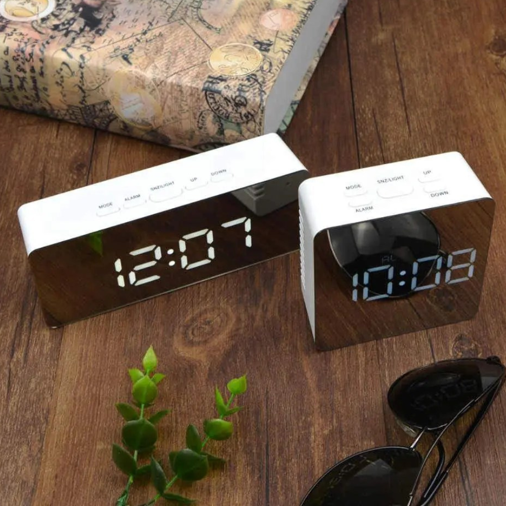 Compact High Tech Mirror LED Display Tabletop Digital Alarm Clock