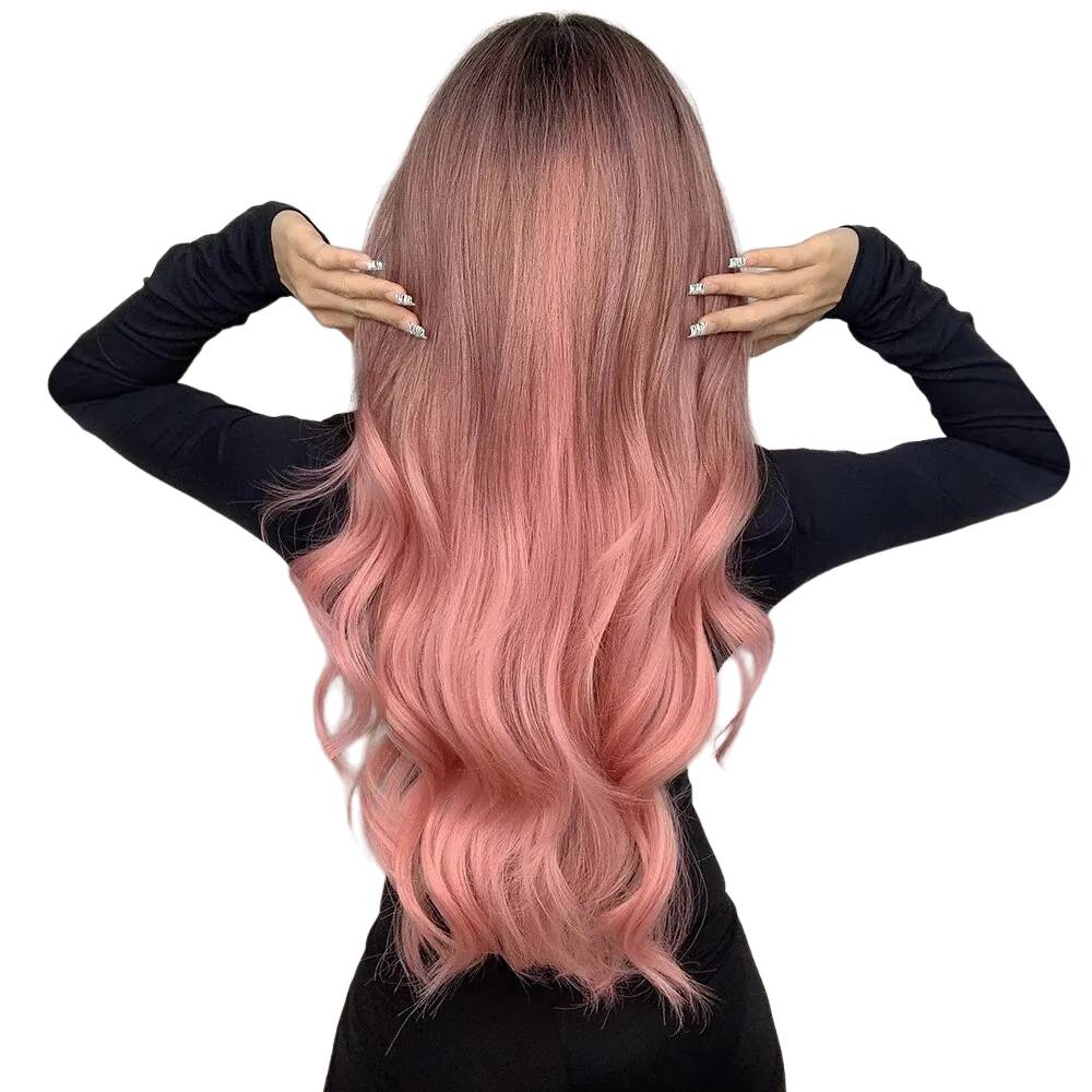 Long Wavy Ombre Pink Wig – Heat-Resistant Synthetic Hair with Natural Waves