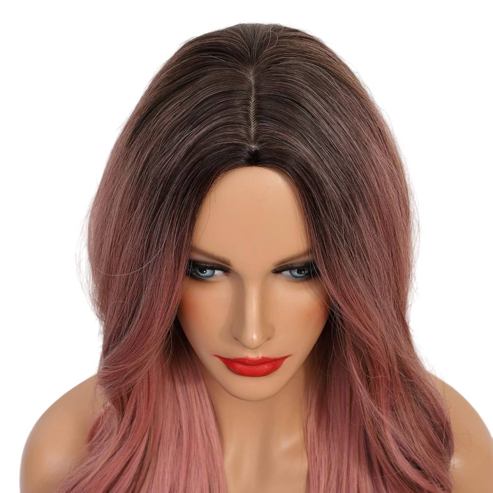 Long Wavy Ombre Pink Wig – Heat-Resistant Synthetic Hair with Natural Waves