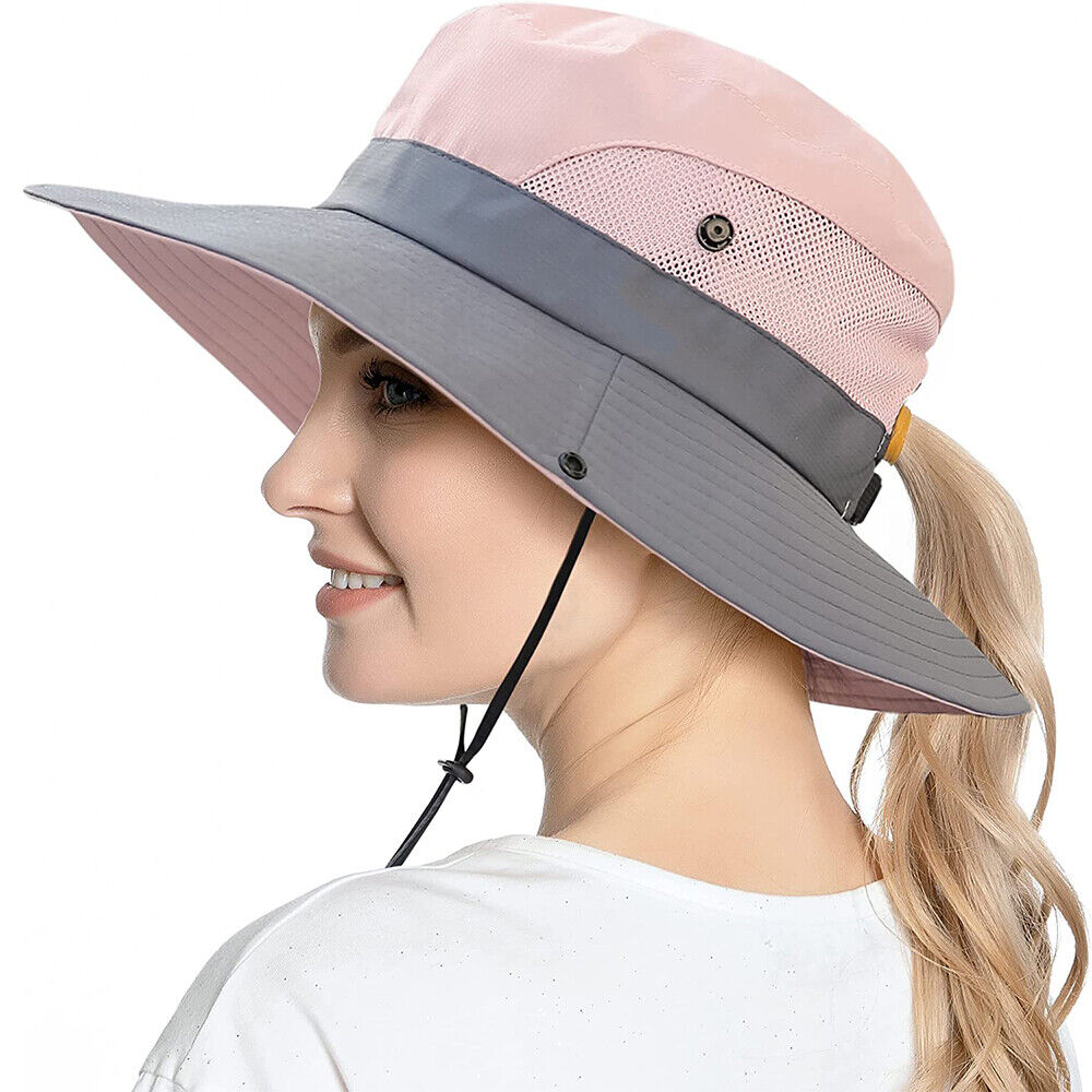 Women's UV Protection Ponytail Wide Brim Sun Shade Beach Hat