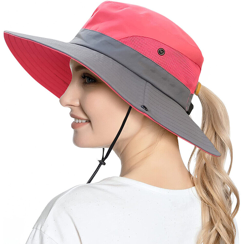 Women's UV Protection Ponytail Wide Brim Sun Shade Beach Hat