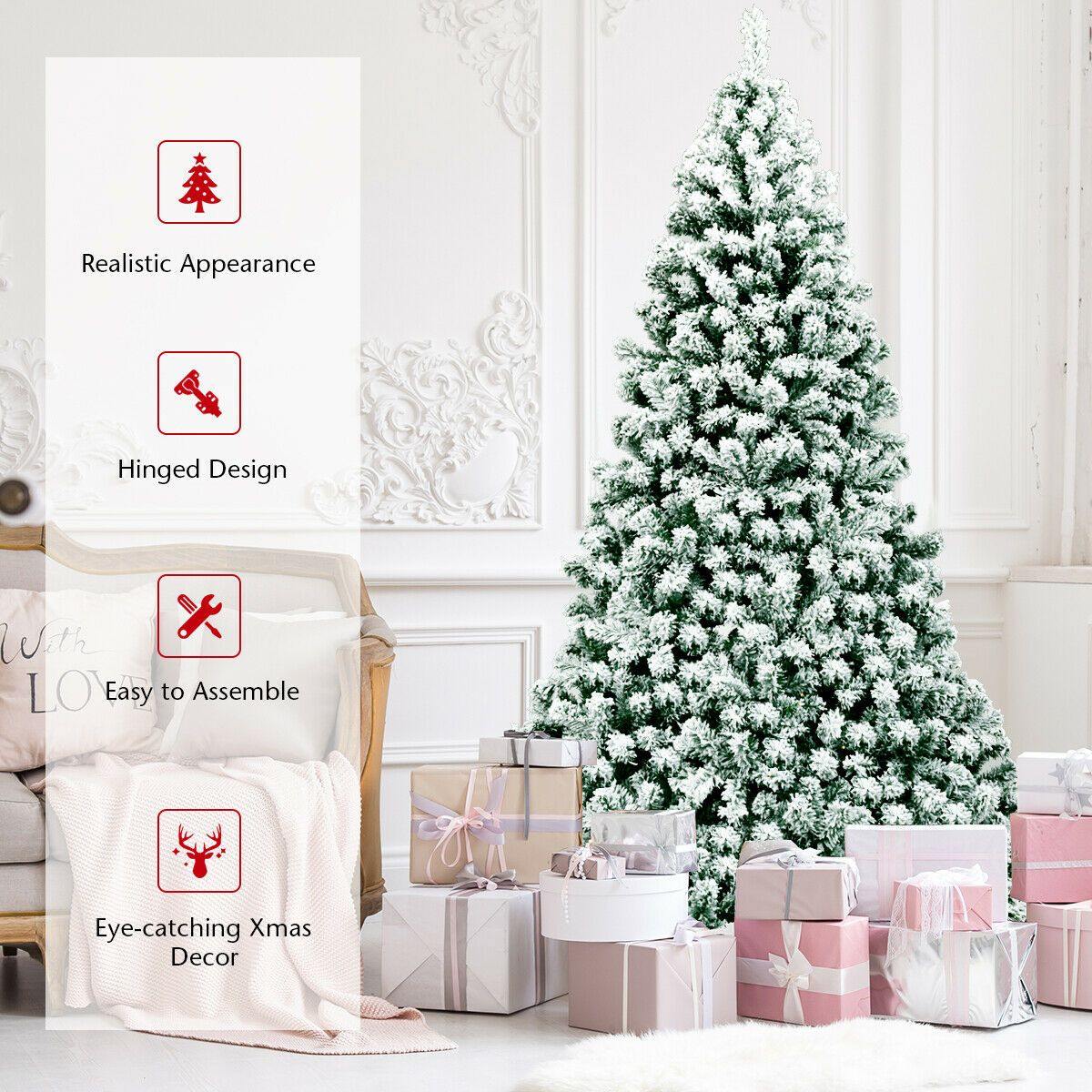 7.5Ft Pre-Lit Premium Snow Flocked Hinged Artificial Christmas Tree With 550 Lights