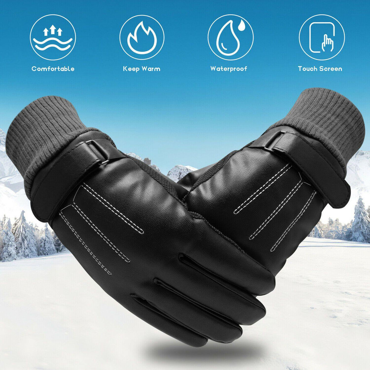 -30℃ Leather Waterproof Winter Warm Ski Gloves | Touch Screen Compatible