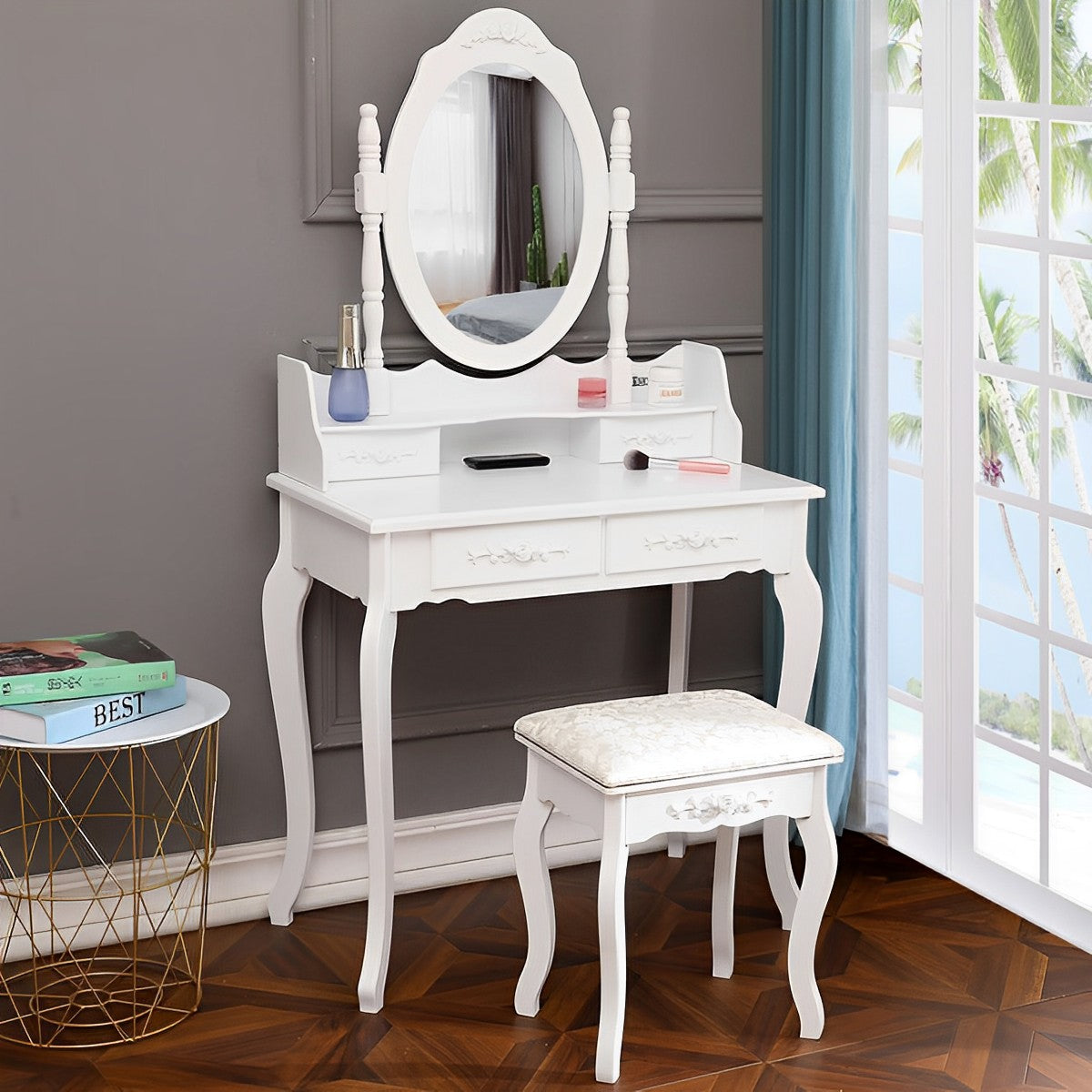 Vanity Set With Mirror And Stool