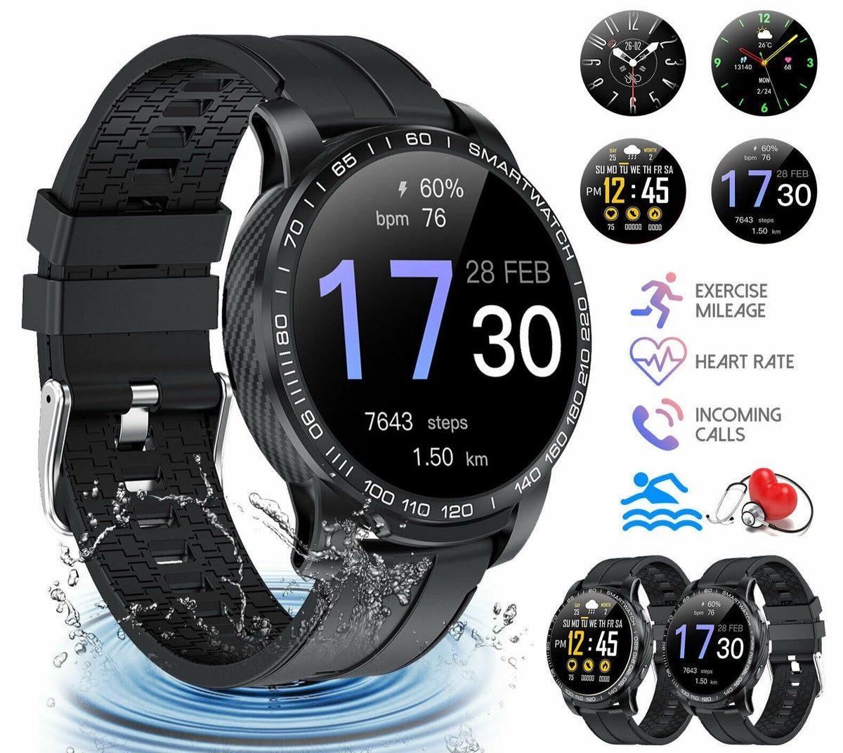 Waterproof Smart Watch Heart Rate Monitor for iPhone iOS and Android Fitness Tracker