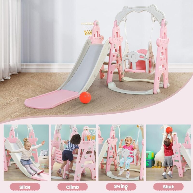 4 in1 Kids Slide and Swing Set Indoor Outdoor Playground Climber Playset Safety