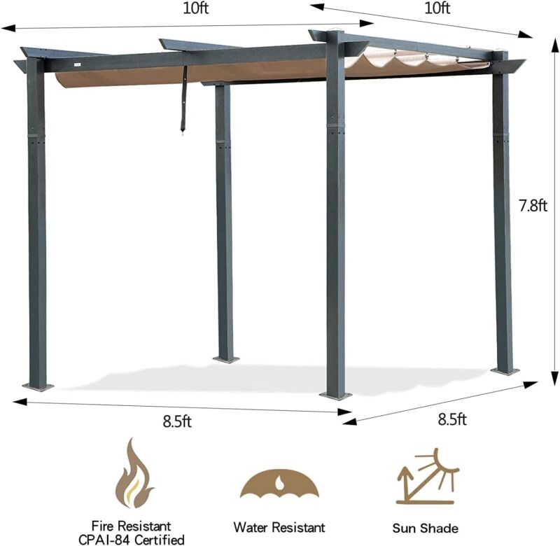 10’ X 10’ Outdoor Retractable Pergola with Weather-Resistant Canopy Aluminum