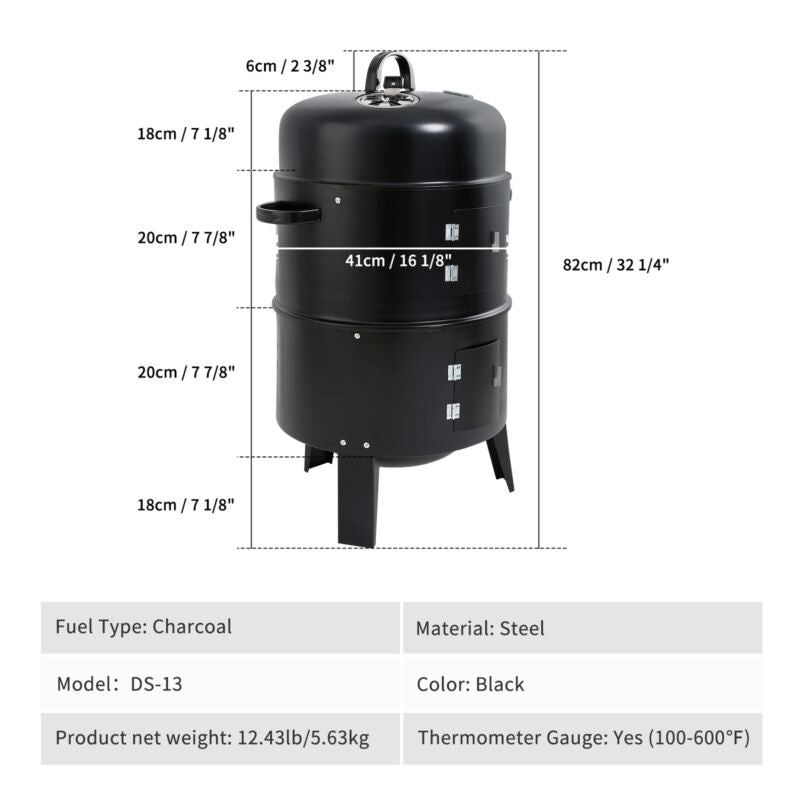 32" Charcoal Smoker Grill BBQ 3IN1 Outdoor Vertical Smoke Portable Meat Cooker