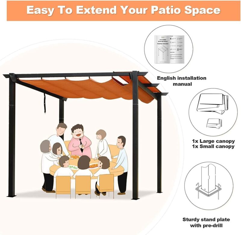 10’ X 10’ Outdoor Retractable Pergola with Weather-Resistant Canopy Aluminum