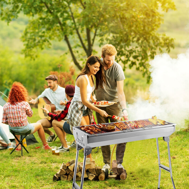 BBQ Grill Charcoal Barbecue Grill Stainless Steel Folding Camping Yard Portable