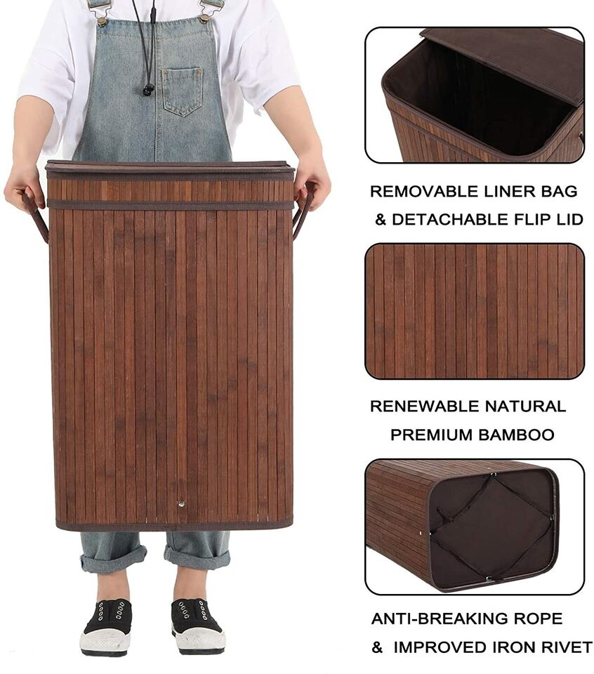 72L Folding Bamboo Laundry Hamper with Lid and Removable Liner